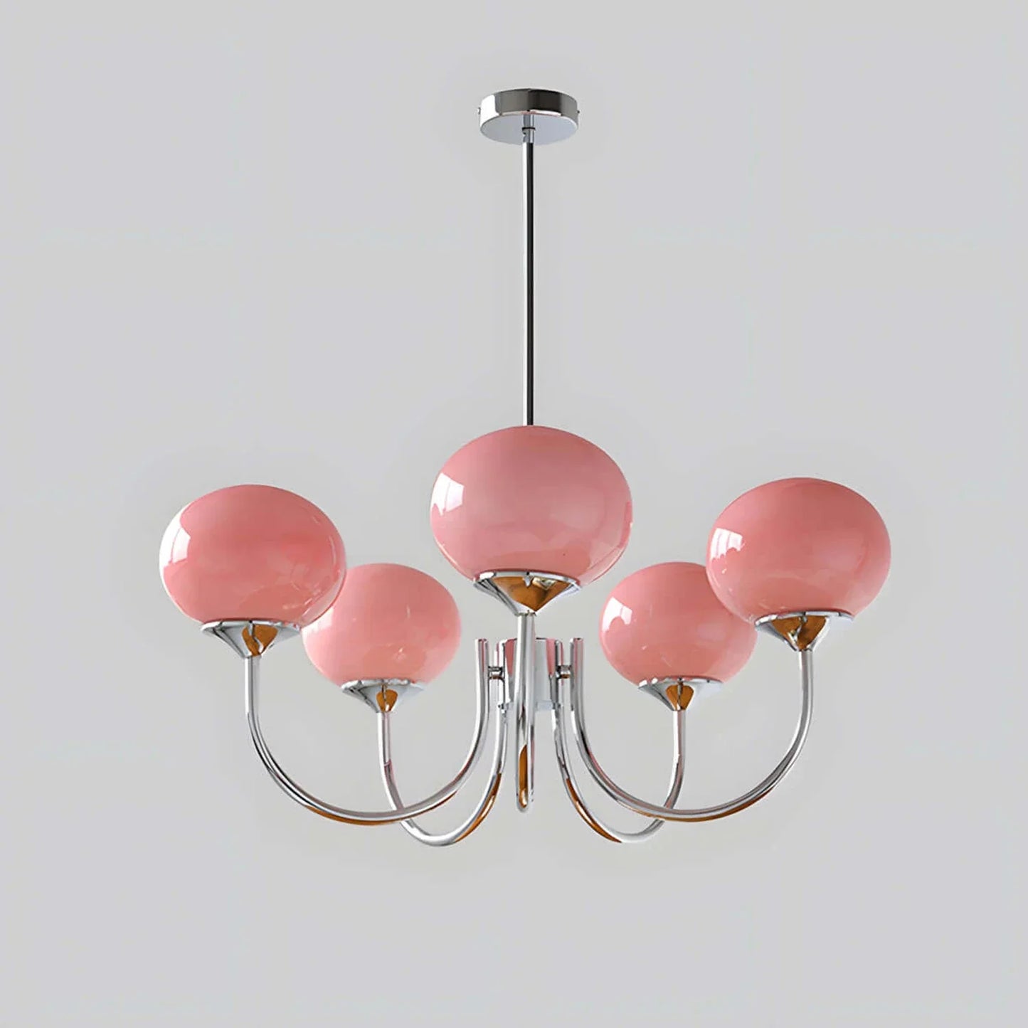 Modern 5-light pendant ceiling light featuring glossy pink glass ball shades and a polished chrome metal finish, measuring 67cm in diameter.