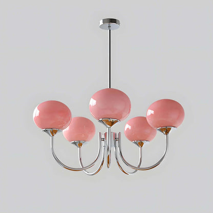 Modern 5-light pendant ceiling light featuring glossy pink glass ball shades and a polished chrome metal finish, measuring 67cm in diameter.