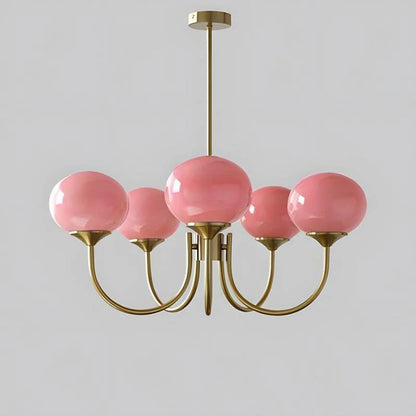 Modern 5-light pendant ceiling light featuring a copper finish frame with five spherical pink glass ball shades, measuring 67cm in diameter.