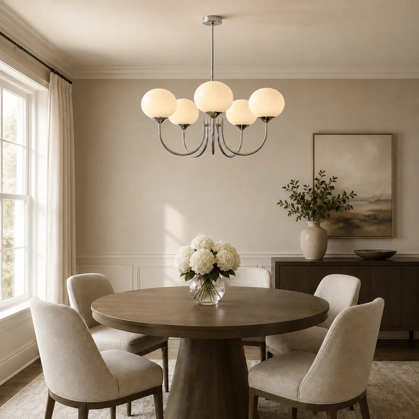 Modern five-globe glass ball pendant light with a chrome metal finish hanging above a round wooden dining table in a neutral-toned dining room.
