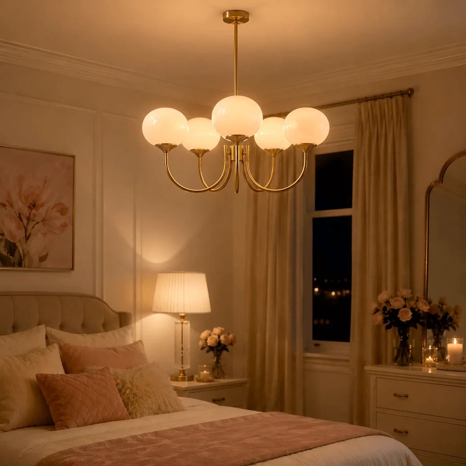 A modern five-light glass ball pendant ceiling fixture with a gold metal finish, illuminating a cosy bedroom with warm, soft light.