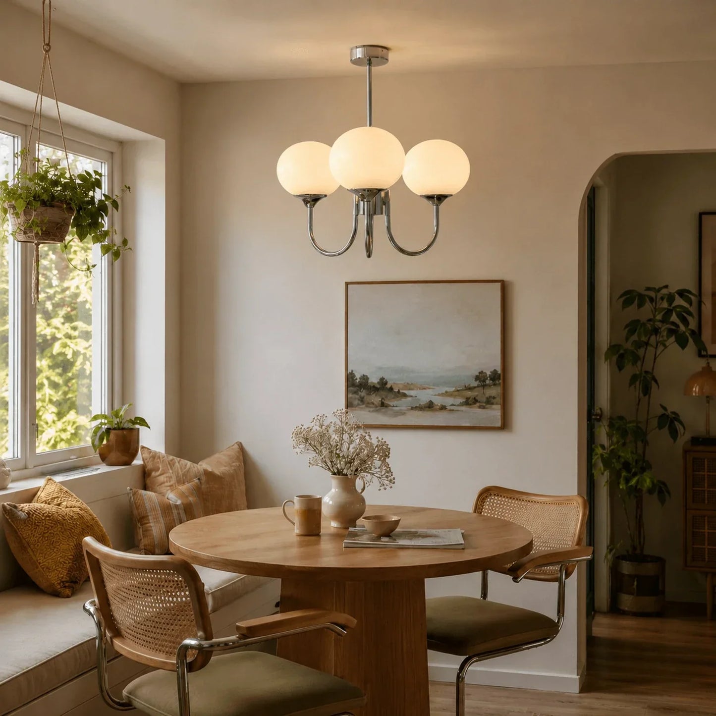 A modern three-globe glass ball pendant light with a chrome metal finish hanging above a round wooden dining table in a cosy dining area.