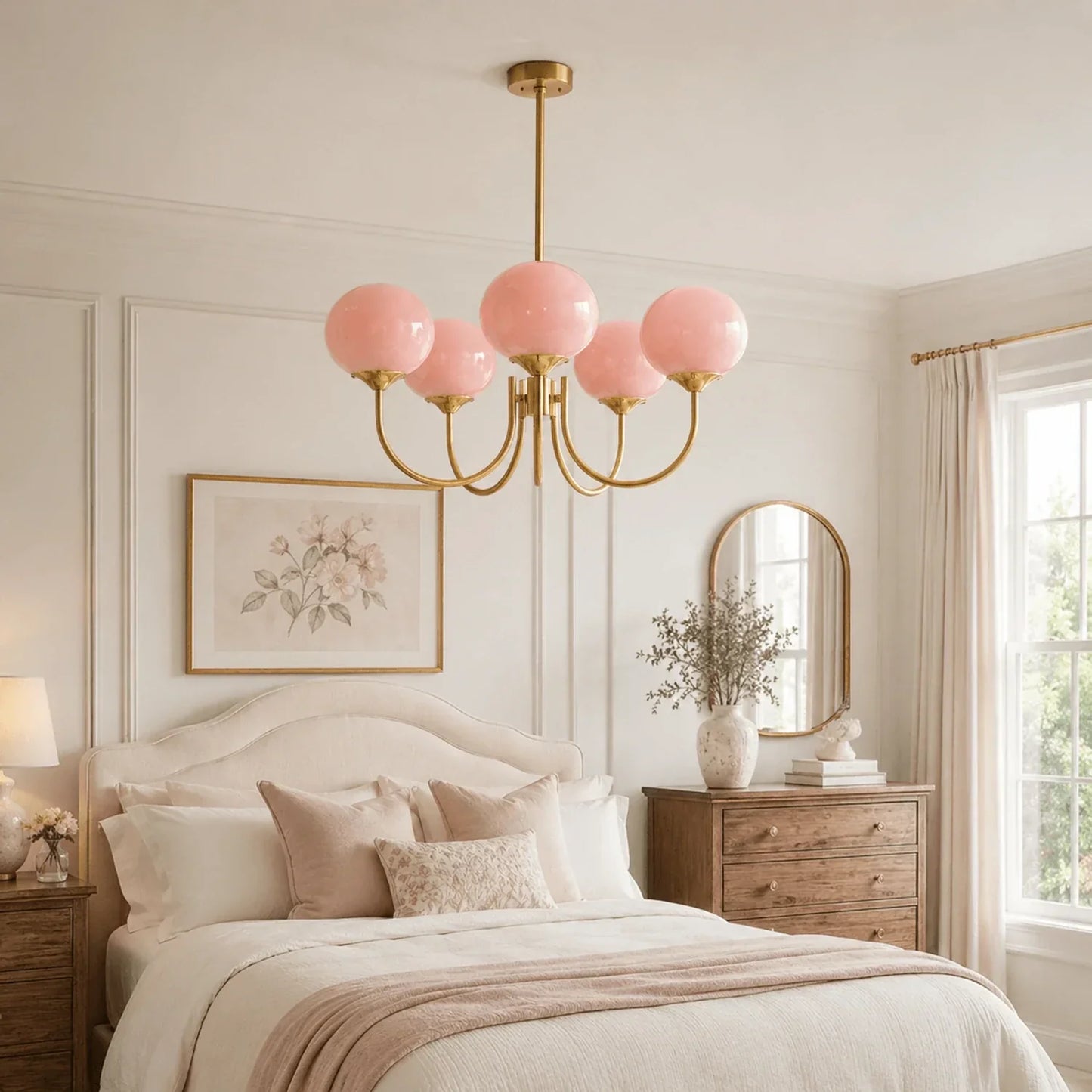 Modern brass pendant light featuring five pink glass ball globes, hanging above a bed in a beautifully styled, neutral-toned bedroom.