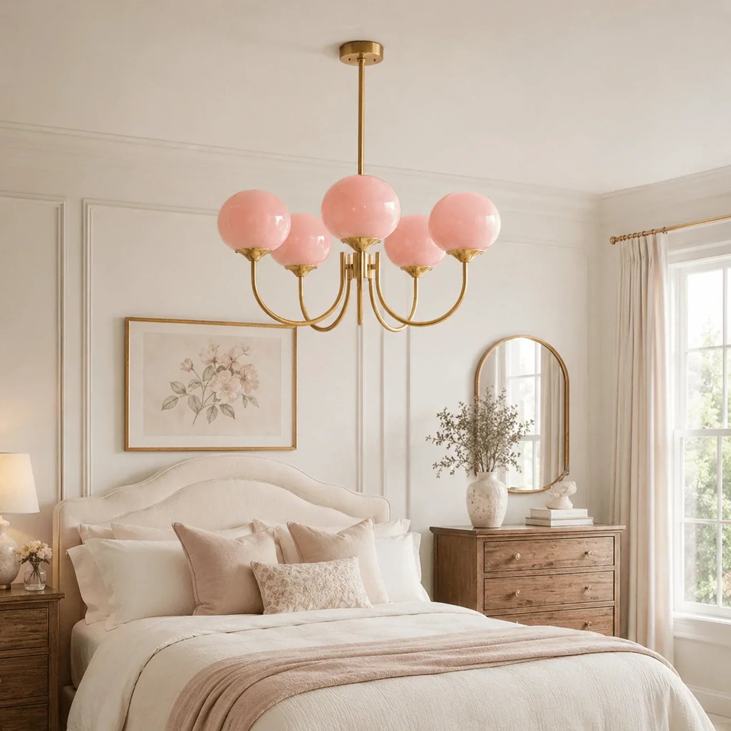 Modern brass pendant light featuring five pink glass ball globes, hanging above a bed in a beautifully styled, neutral-toned bedroom.