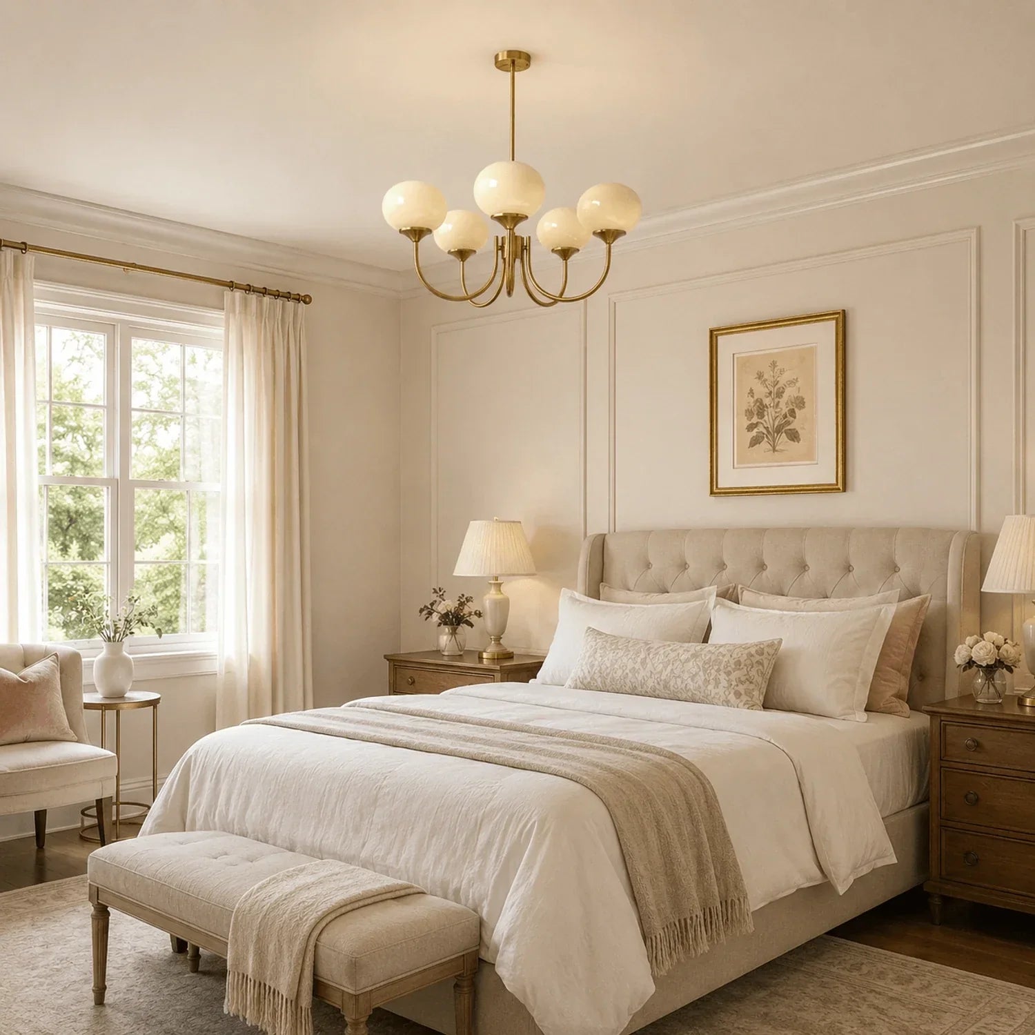 A modern glass ball pendant light with a brass finish hanging in a neutral-toned bedroom with a tufted headboard and elegant interior decor.