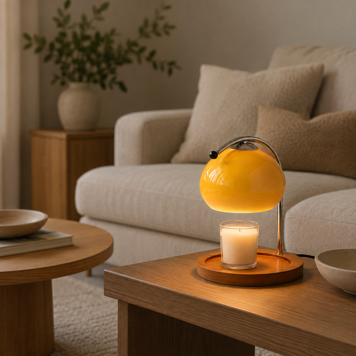 Glass candle warmer lamp with solid wood base detail