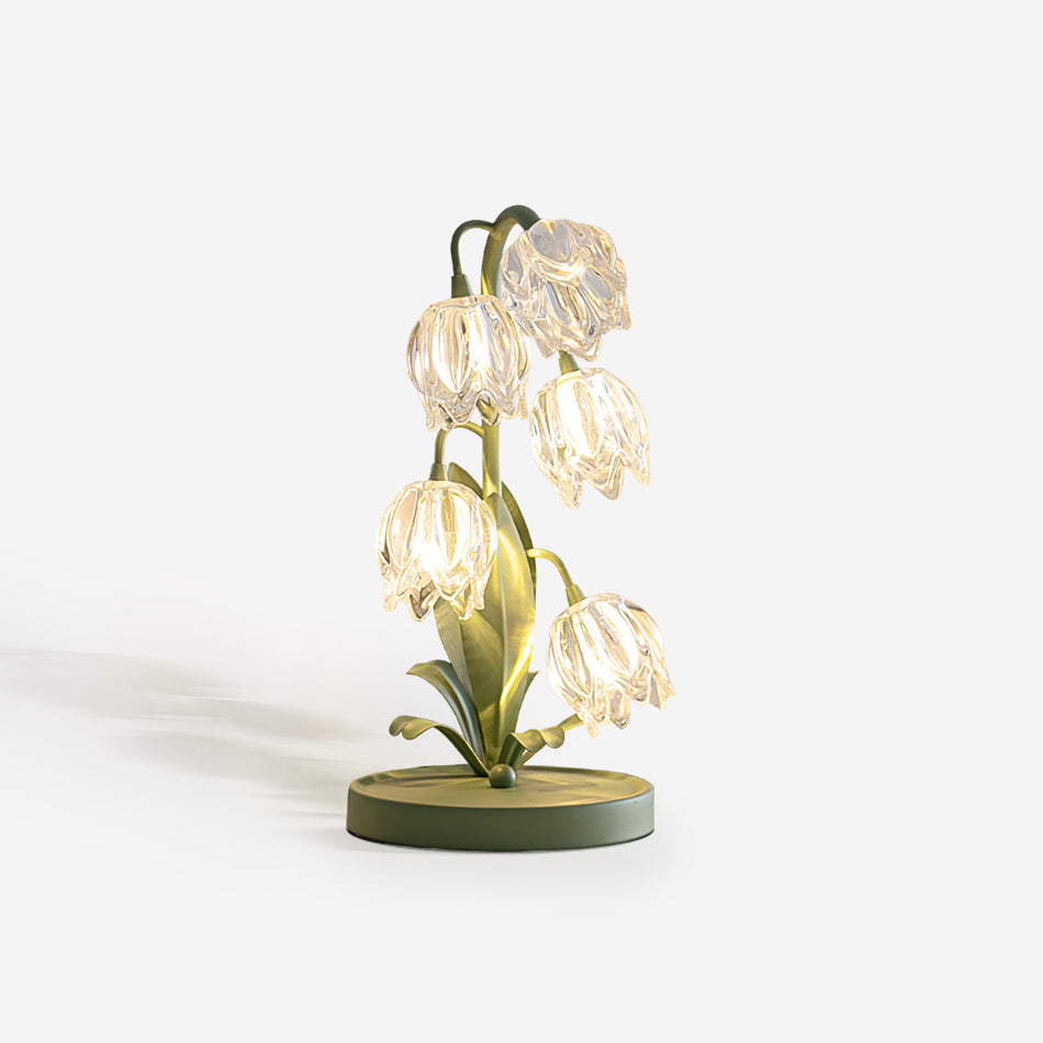 Lily-inspired glass table lamp with green metal stem 1