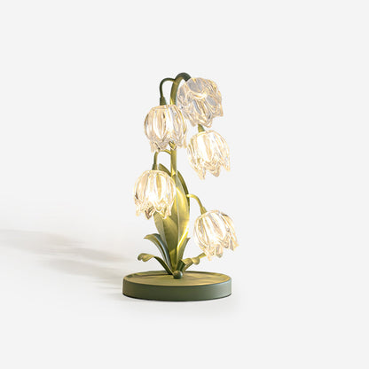 Lily-inspired glass table lamp with green metal stem 1