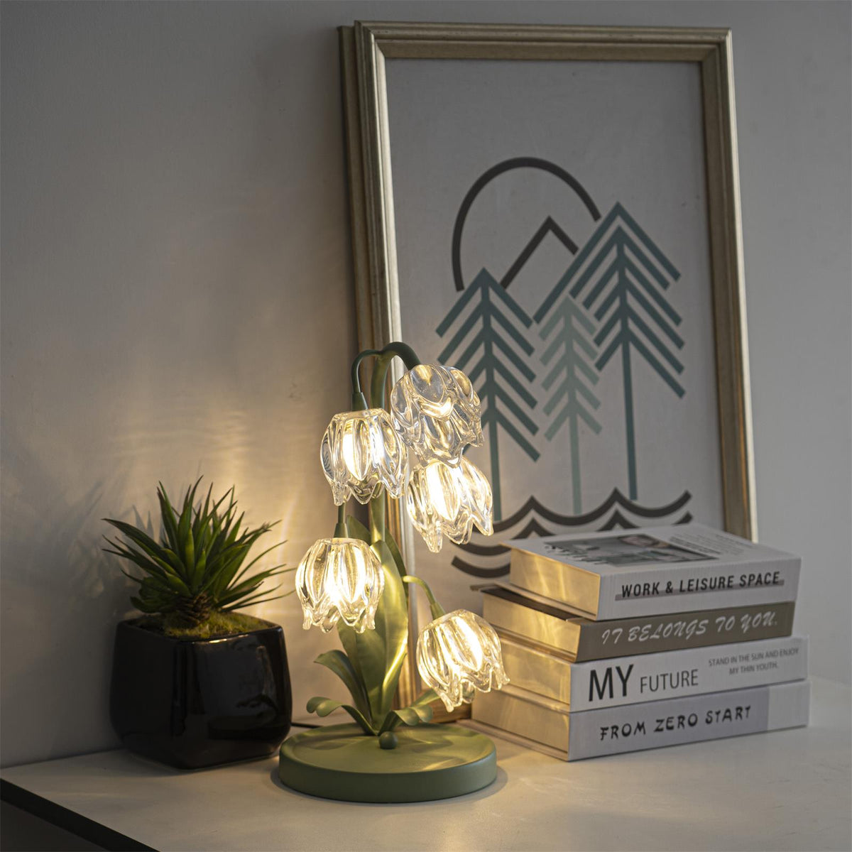 Lily-inspired glass table lamp with green metal stem 15