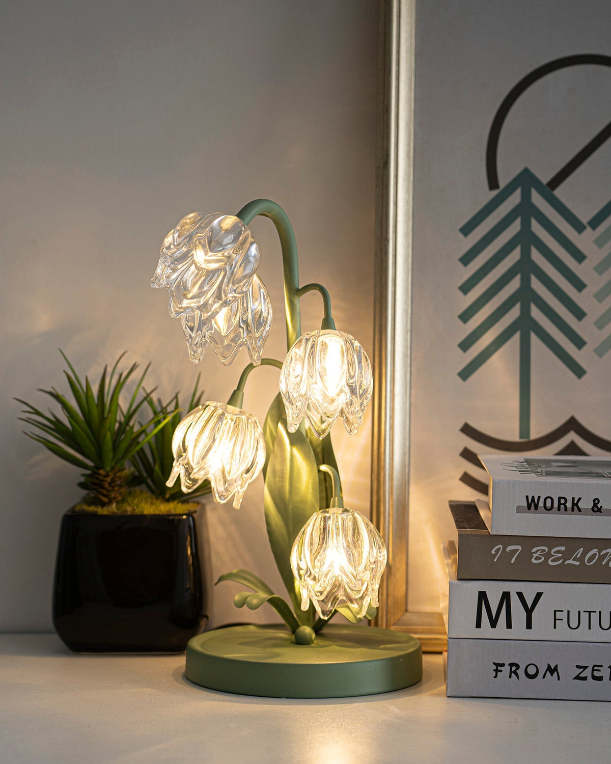 Lily-inspired glass table lamp with green metal stem 16