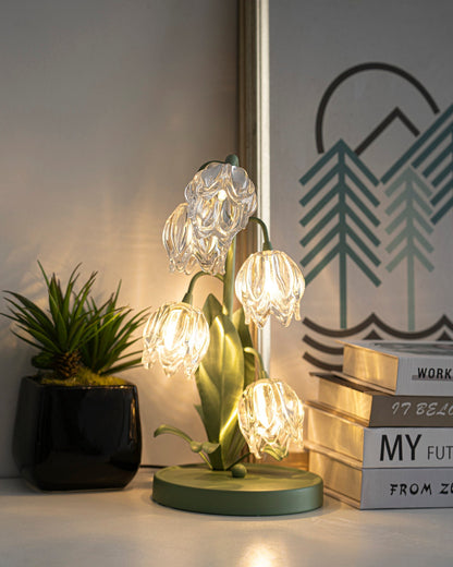 Lily-inspired glass table lamp with green metal stem 17