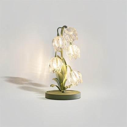 Lily-inspired glass table lamp with green metal stem 2