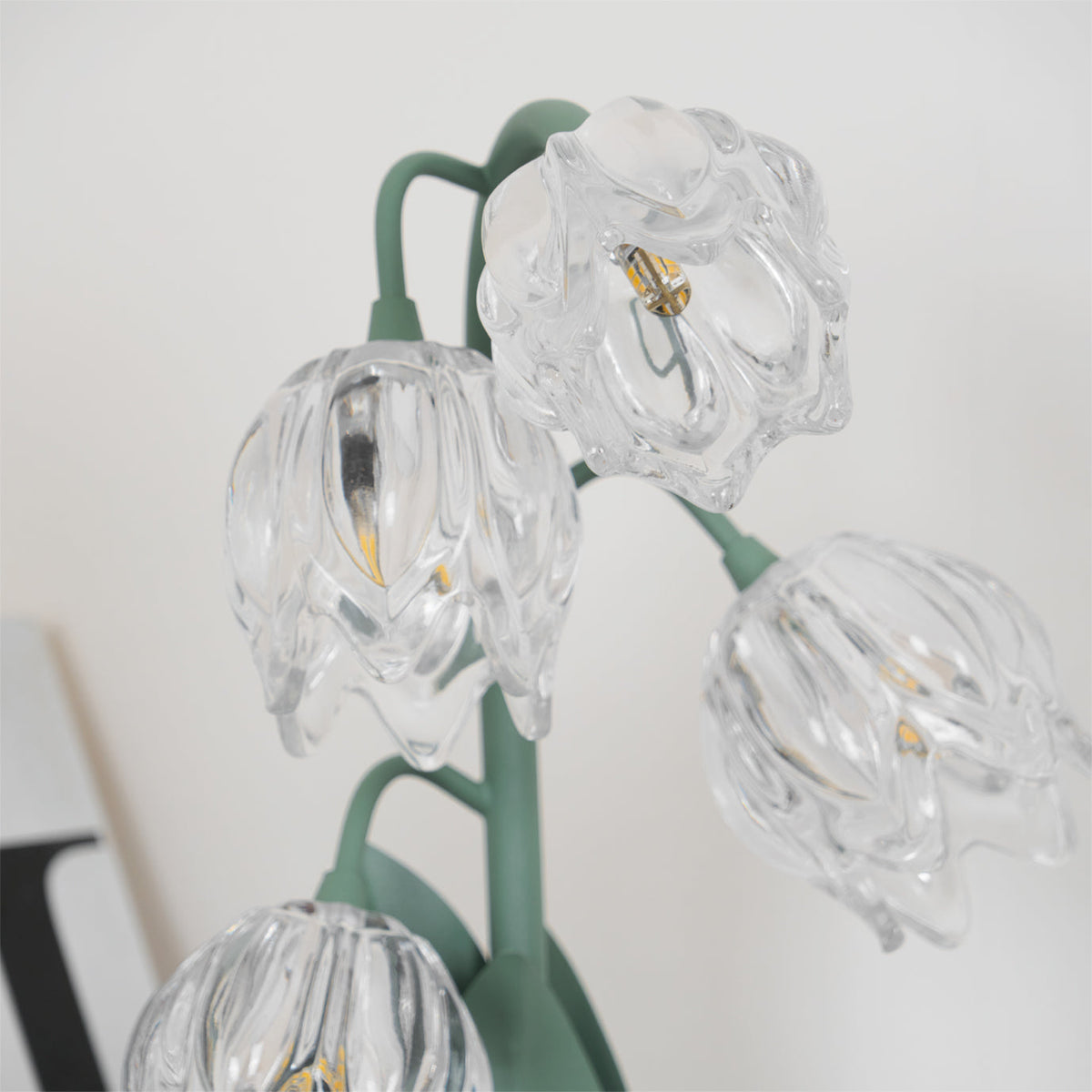 Top view of glass flower shades on the green stem