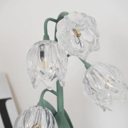 Top view of glass flower shades on the green stem