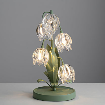 Lily-inspired glass table lamp with green metal stem 3