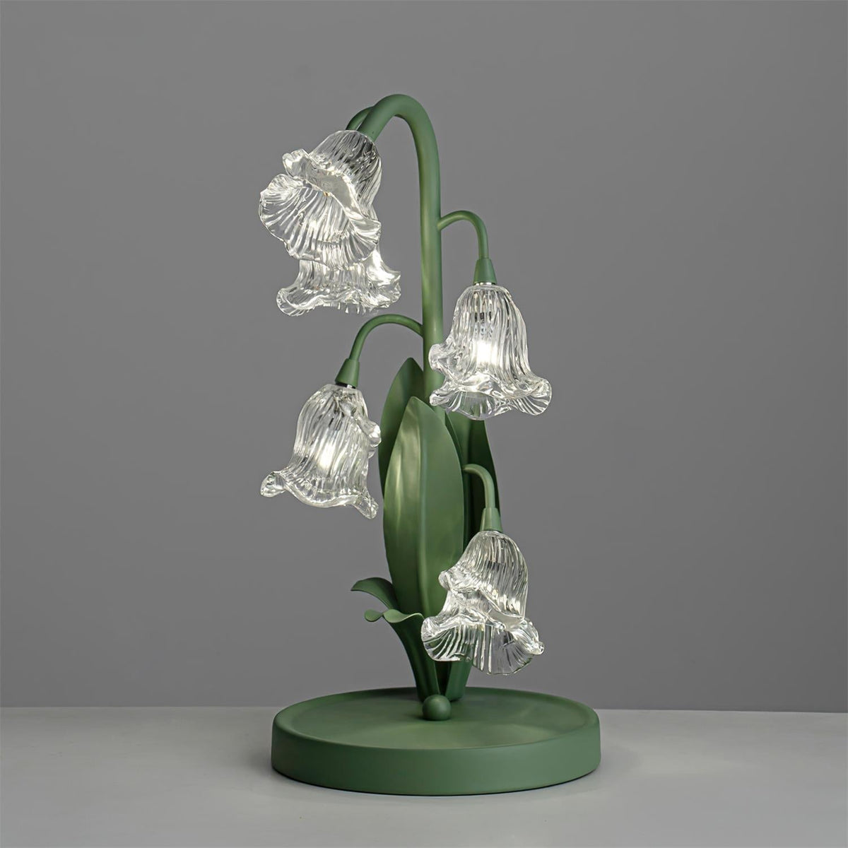 Bell-flower glass table lamp with green metal stem 30