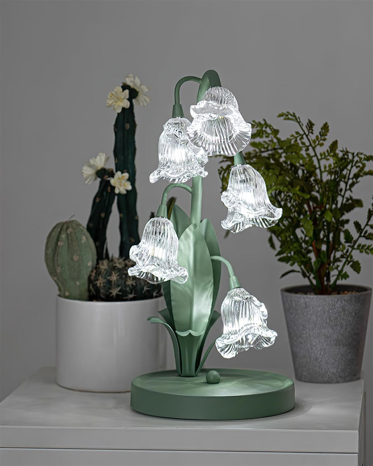 Bell-flower glass table lamp with green metal stem 32