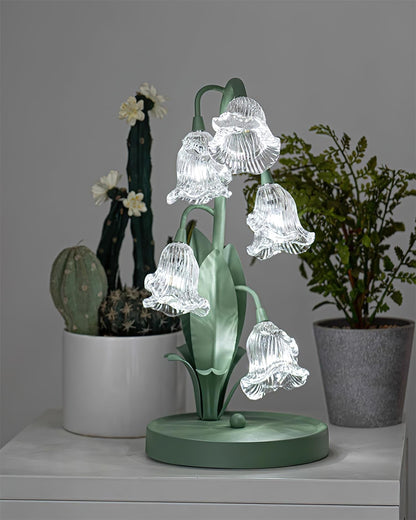 Bell-flower glass table lamp with green metal stem 32