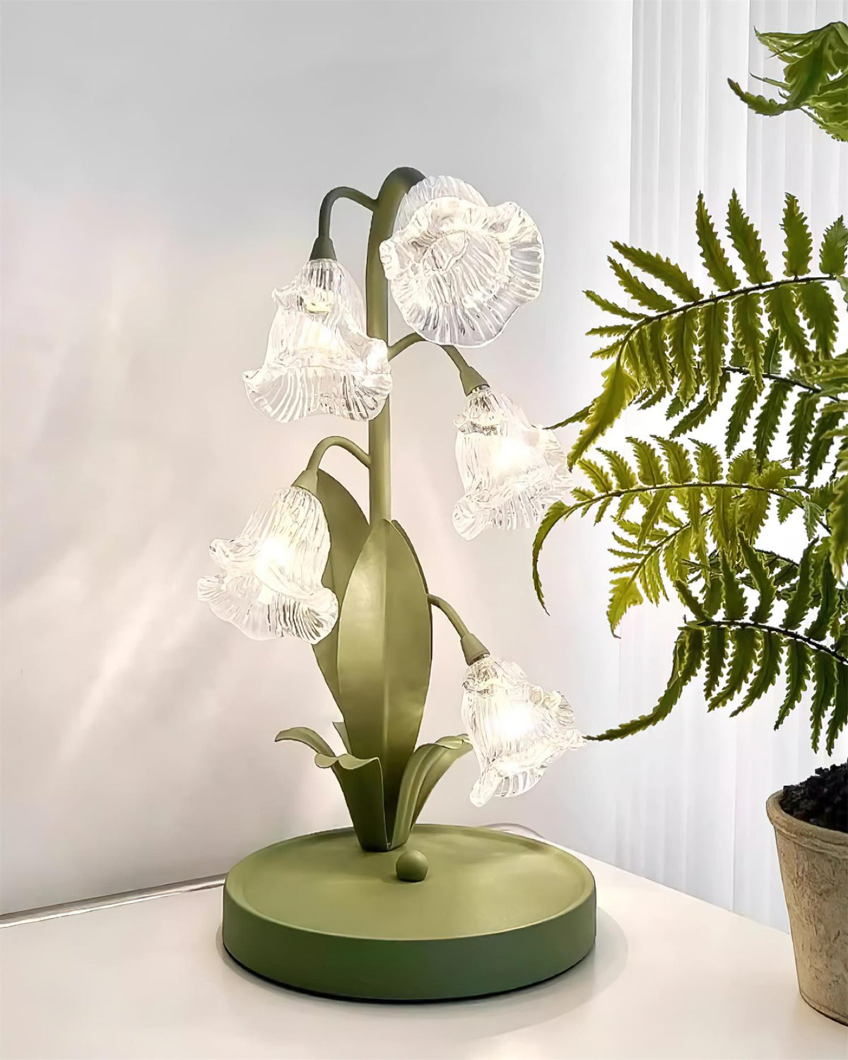 Bell-flower glass table lamp with green metal stem 34