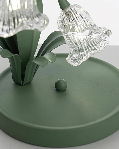 Green metal base and ribbed glass blossom shade