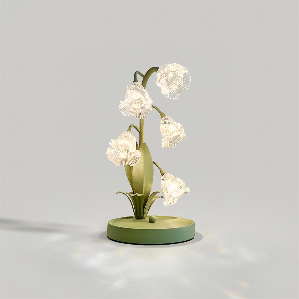 Bell-flower glass table lamp with green metal stem 36