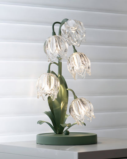 Lily-inspired glass table lamp with green metal stem 5