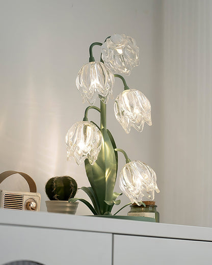 Lily-inspired glass table lamp with green metal stem 6