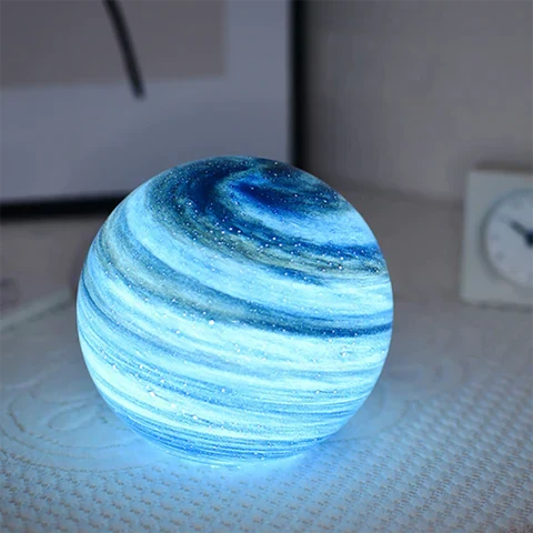 Blue illuminated glass moon table lamp