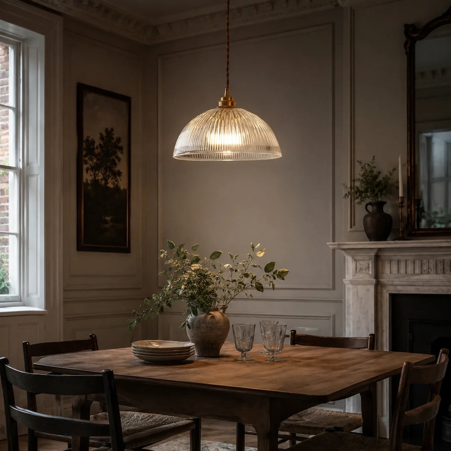Small glass pendant light with a ribbed dome shade and adjustable cord, illuminating a rustic wooden dining table in a traditional dining room setting.