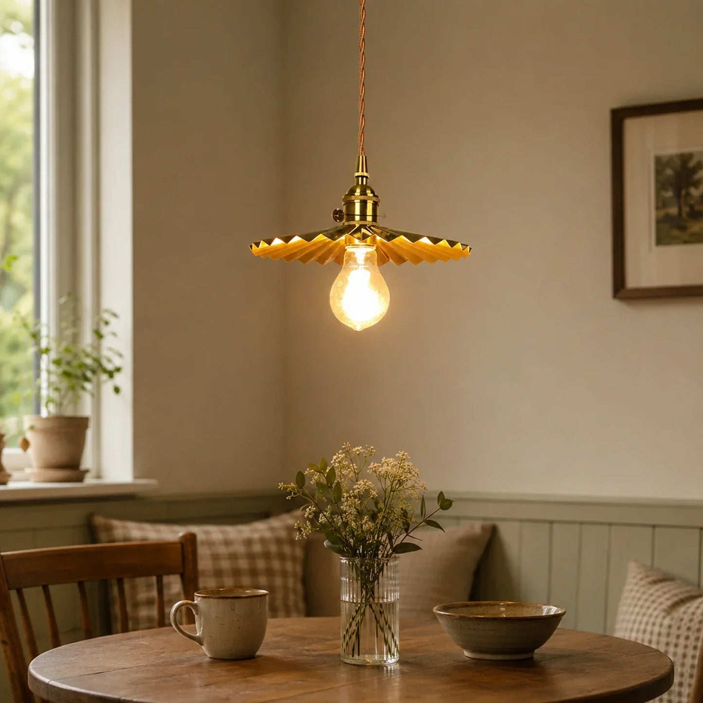 Modern brass pendant light with a pleated shade and warm glowing bulb hanging above a wooden dining table in a cosy, rustic kitchen interior setting.