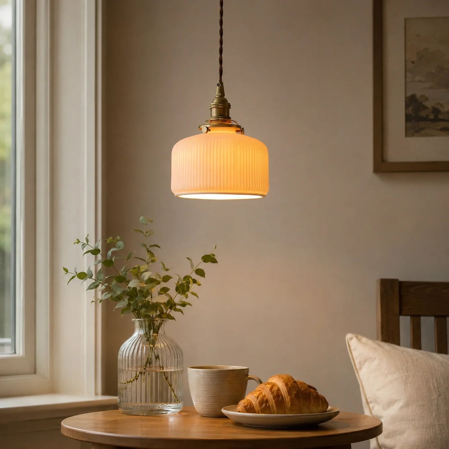 Modern ribbed glass pendant light with an adjustable cord, illuminating a cosy dining table setting with a vase, coffee cup and croissant in a home.