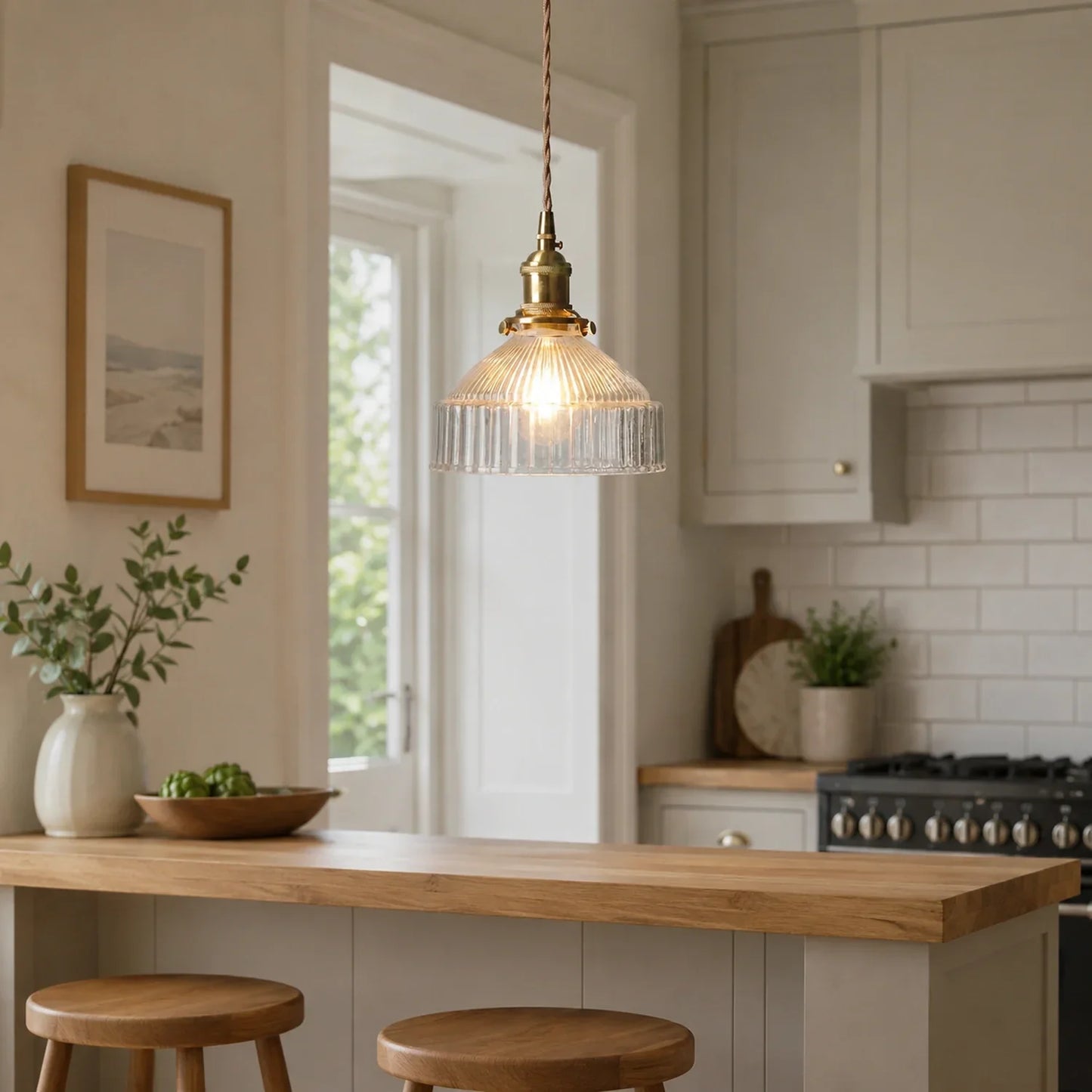 Modern ribbed glass pendant light with an adjustable cord hanging above a wooden kitchen island, creating a warm glow in a bright, stylish interior.