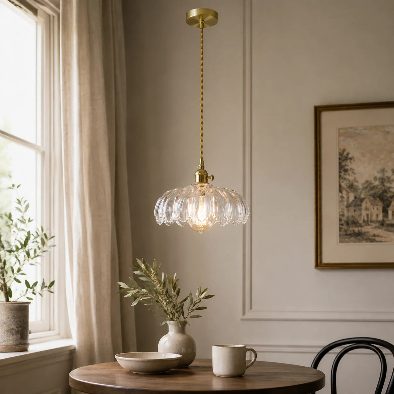 A clear glass pendant light with a scalloped design and brass fitting, hanging above a wooden dining table in a bright, modern kitchen interior.