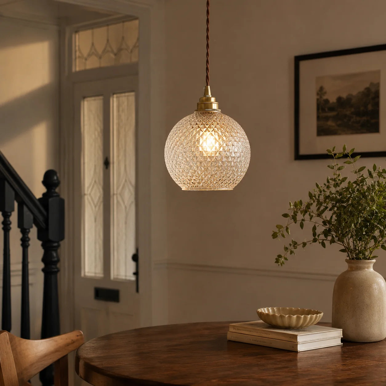 A modern glass pendant light with a textured diamond pattern hanging above a wooden dining table in a warm, softly lit interior setting.