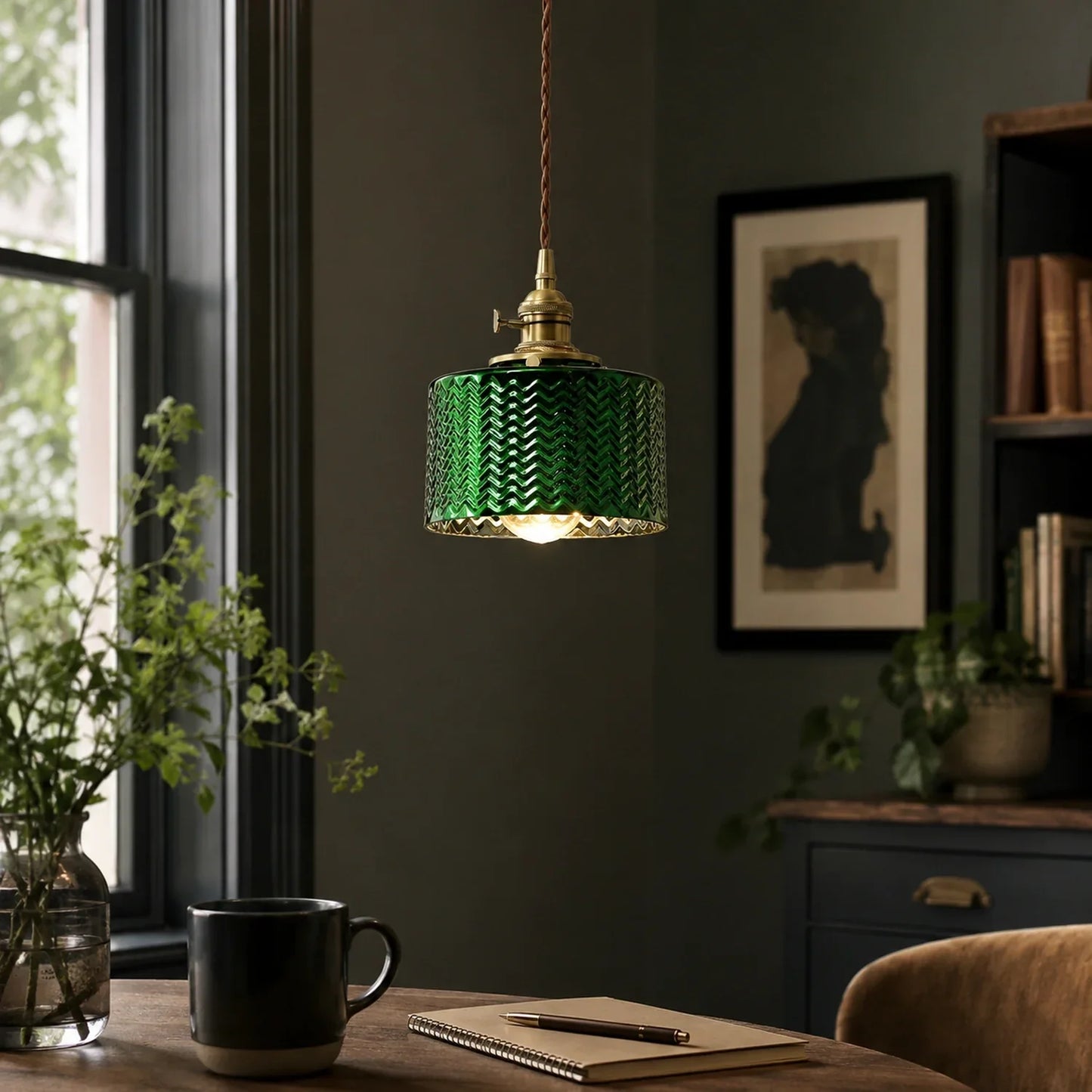 Modern green glass pendant light with a textured chevron pattern and brass fitting, hanging above a wooden dining table in a cosy, dimly lit room.