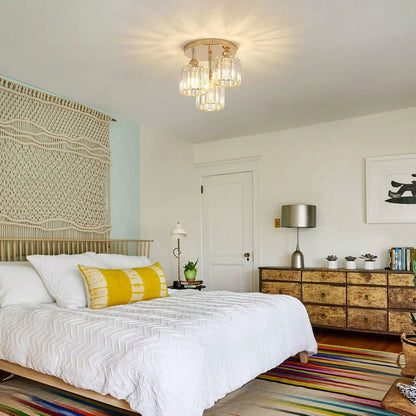 Gold 3-light glass semi-flush ceiling light installed in a bedroom