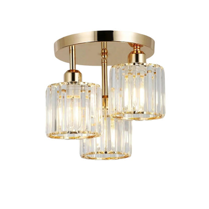 Gold 3-light glass semi-flush ceiling light with clear cylindrical shades