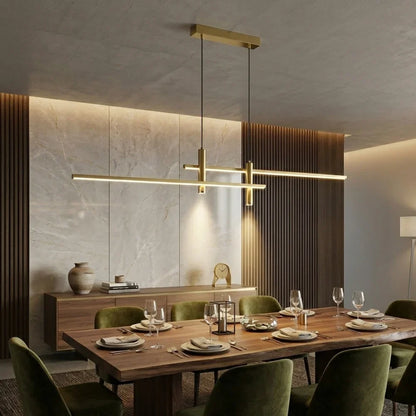 Gold linear LED pendant light with adjustable suspension