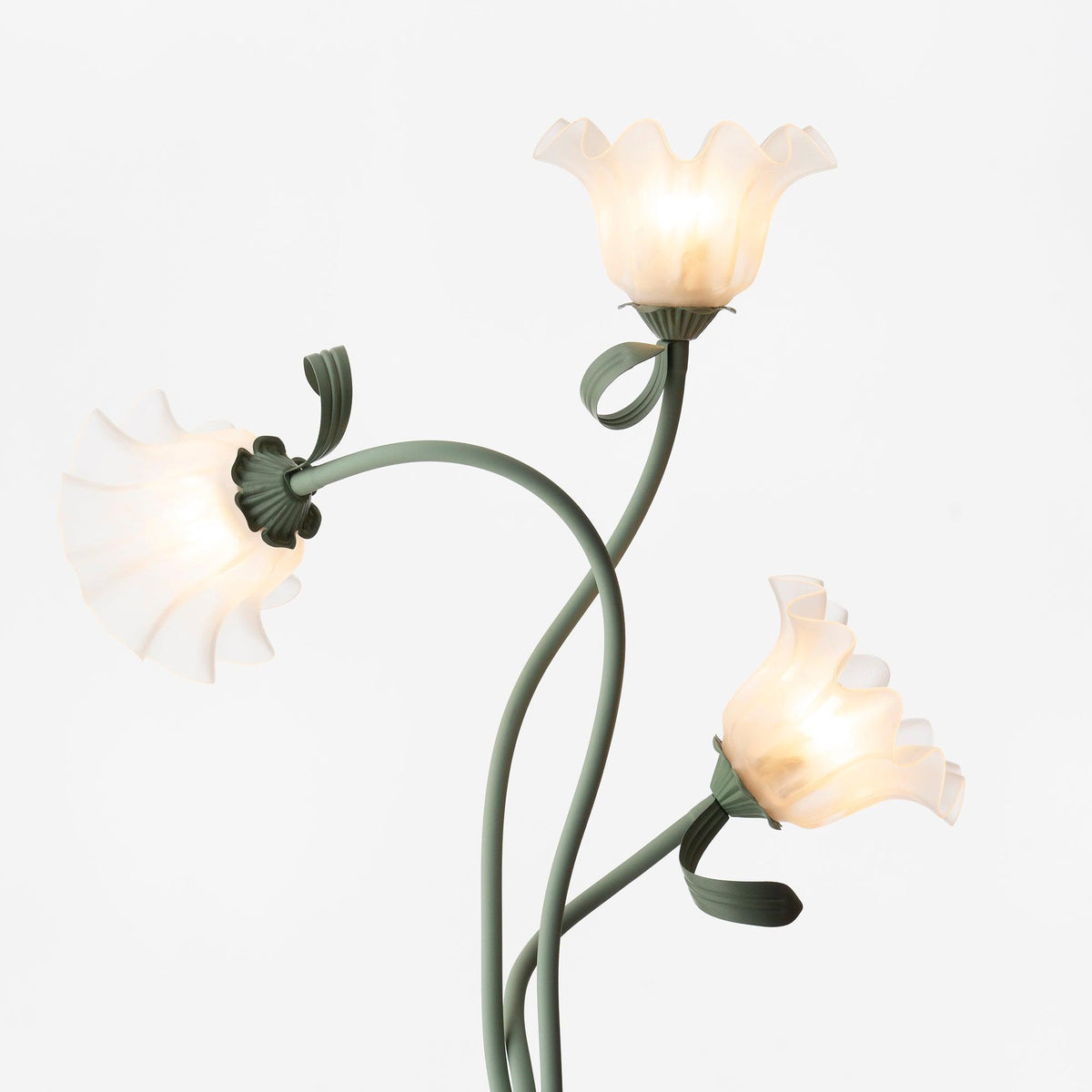Close-up of three white floral shades on green stems