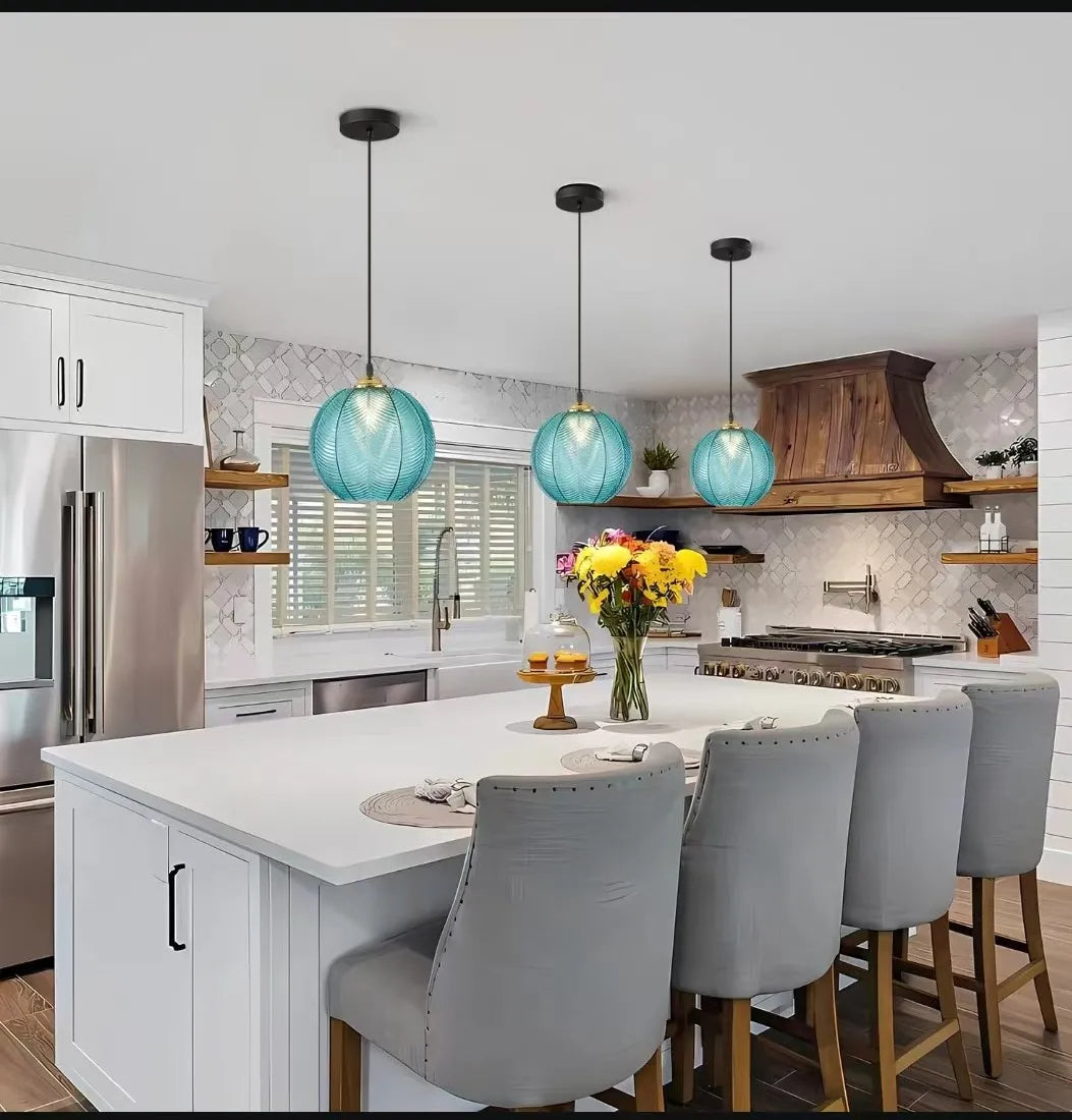 Green glass ceiling pendant light for dining room
