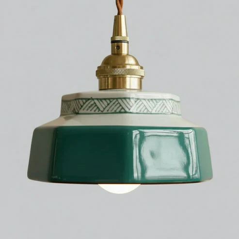 Blue Green shade and patterned ceramic rim