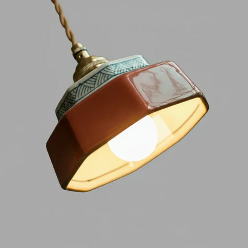 Close-up of painted ceramic shade and included bulb