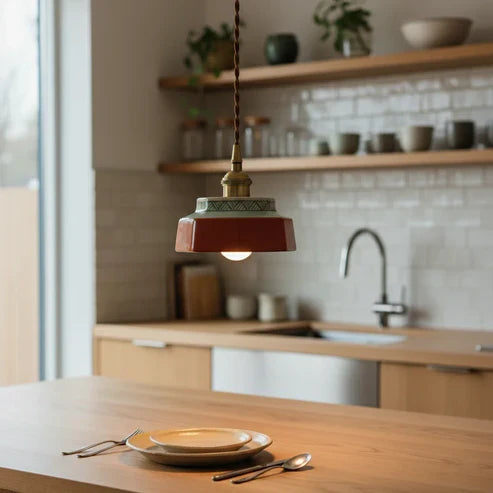 Red ceramic pendant over a kitchen table