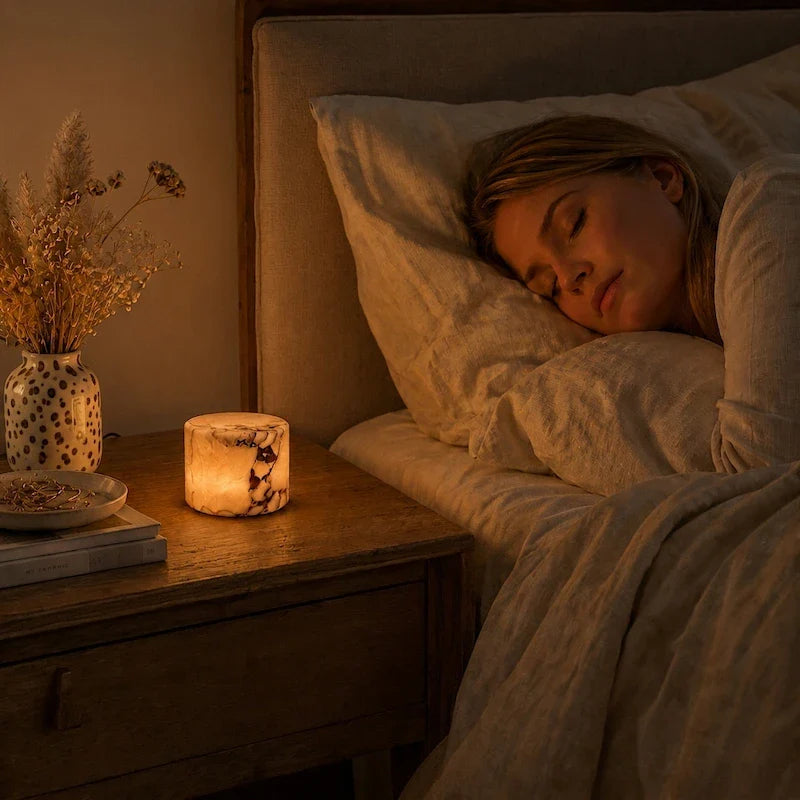 Warm marble lamp creating soft bedside light