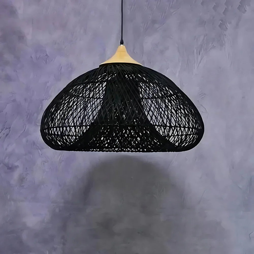 Black rattan dome pendant against a textured wall