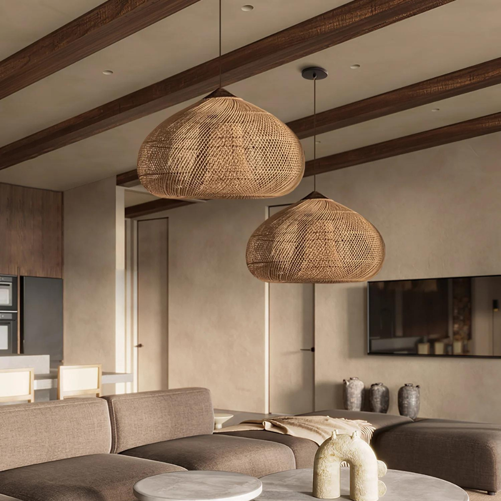 Brown rattan dome pendants in a living room