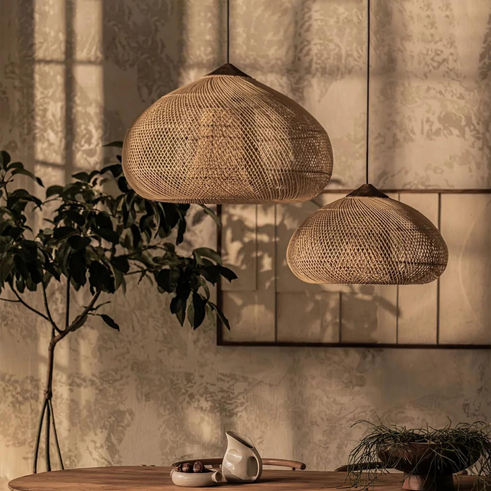 Two brown rattan dome pendants in an interior setting