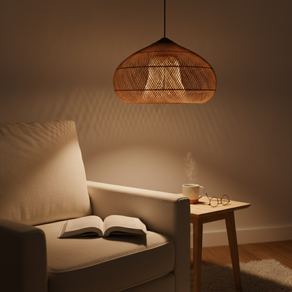Brown woven pendant above a reading corner