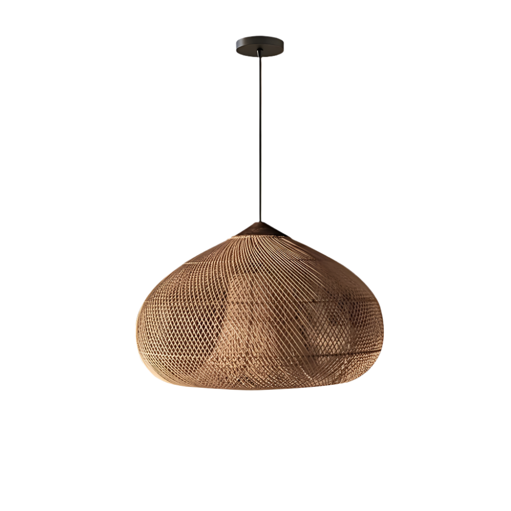 Dark brown rattan dome pendant light with ceiling canopy