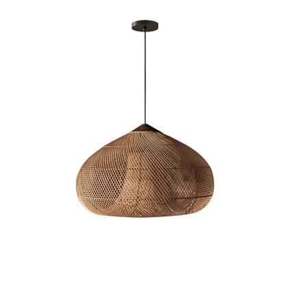Dark brown rattan dome pendant light with ceiling canopy